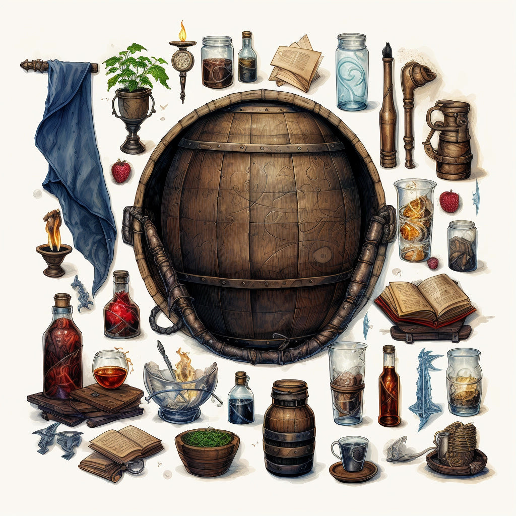 A collection of items including a barrel and a bottle.