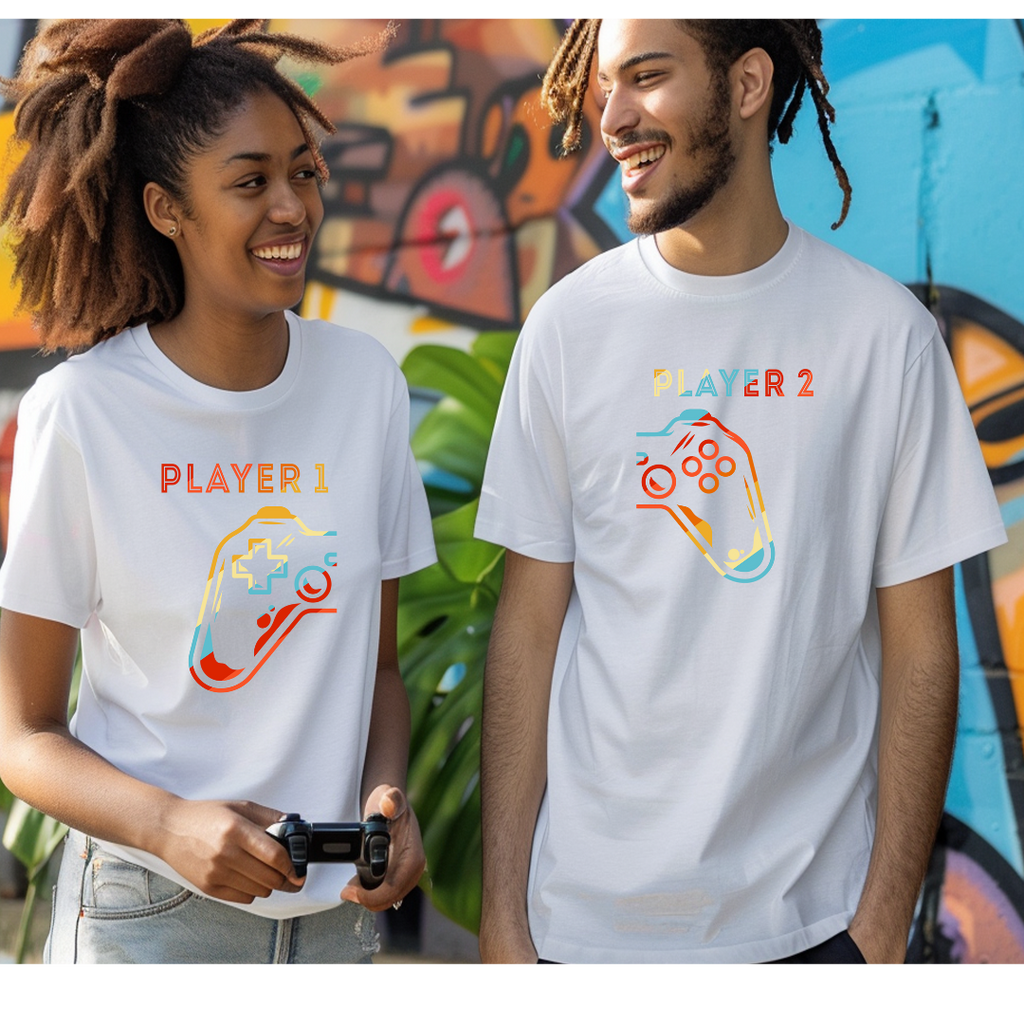 Two people wearing t - shirts that say player 1 and player 2.