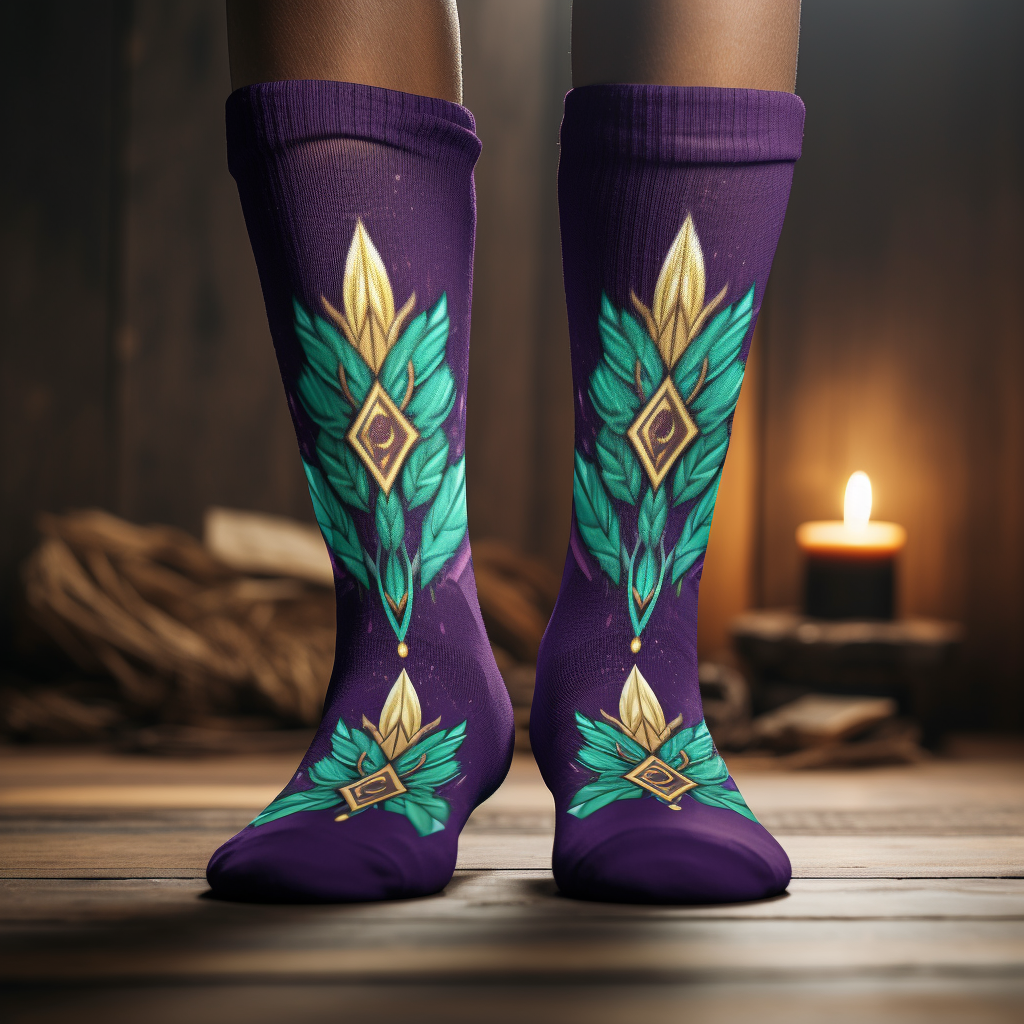 A woman wearing purple socks with green and gold designs.
