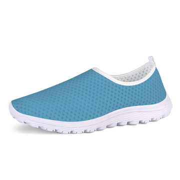 Introducing the "Not Here To Play Nice Cushion Kicks," a slip-on sneaker in sky blue with a white sole, designed with a breathable mesh upper and slip-resistant grip.