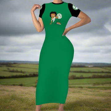 A woman wearing a Boston Charm Women's Bodycon Pencil Dress - Black with green details and a graphic of a cartoon character on the chest, featuring high-quality printing.