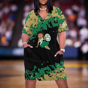 A person is donning a Boston Charm Women's V-neck Loose Dress with Pockets - Black, which is a V-neck loose dress featuring a camouflage pattern and cartoon character design. The sleeves and lower portion display the word "Boston" in white. The person has hands nestled in the dress pockets.