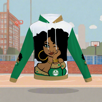 A warm and soft hoodie featuring an illustrated woman with curly hair, large hoop earrings, and a green outfit. The design includes the word "Boston" on her chest and shows accents of green, white, and tan. This Boston BB Fan Girl Plush Hoodies with Pockets boasts a high-quality thermal-transfer print for lasting wear.