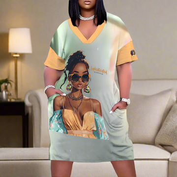 A person wearing the Sophisticated Glamour Women's V-neck Loose Dress with Pockets, crafted from polyester fabric and featuring an illustration of a woman in sunglasses. The dress showcases short sleeves in contrasting colors, highlighting its unique fashion customization.