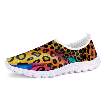 Introducing the Snake Bait Cushion Kicks: a slip-on sneaker with a vibrant abstract animal print design, crafted from breathable materials, and featuring a white, slip-resistant sole.