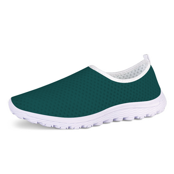 Meet the Philly Jawn Cushion Kicks: teal slip-on sneakers designed for style and functionality, with a breathable mesh upper, white trim, cushioned textured sole, and slip-resistant technology.