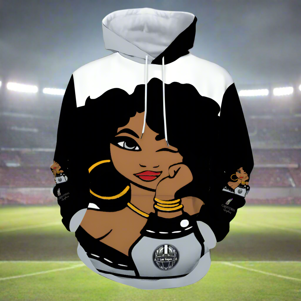 The Las Vegas Girl Plush Hoodies with Pockets come in black and white, featuring an illustrated woman adorned with large hoop earrings, an Afro hairstyle, and gold jewelry, all showcased through high-quality printing.