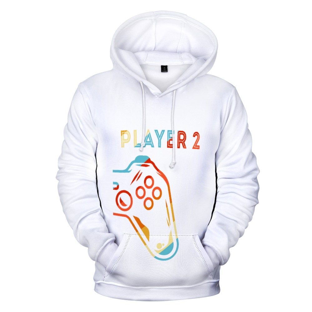 A white Player 2 Unisex All Plush Hoodies with Pockets, perfect for gamer couples looking for Valentine's Day plush hoodies.
