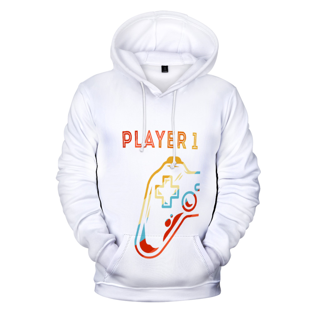 A Player 1 Unisex All Plush Hoodie with Pockets, in white, with the words player 1 on it.