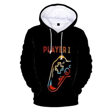 A Player 1 Black Unisex All Plush Hoodie with Pockets featuring a video game controller on it.