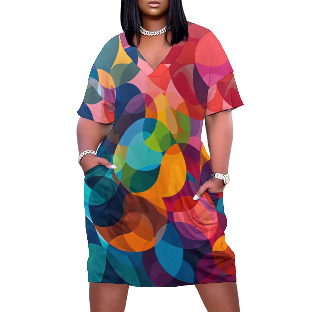 A woman wearing a Cyber Spheres Women's V-neck Loose Dress with Pockets.